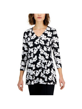 Alfani Women's Women's Black & White Printed 3/4-Sleeve V-Neck Tunic Top NWT